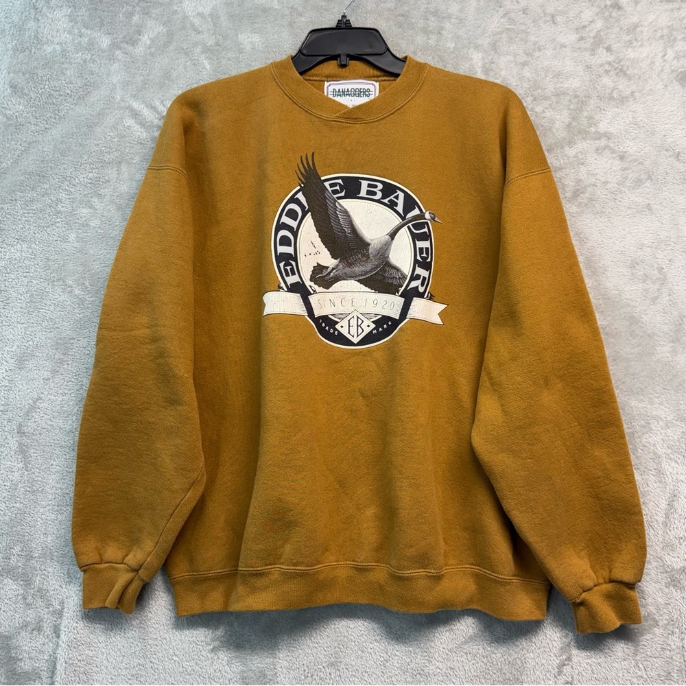 Danaggers Eddie Bauer Mens Dark Mustard Crewneck Sweatshirt Vintage Graphic Sz L